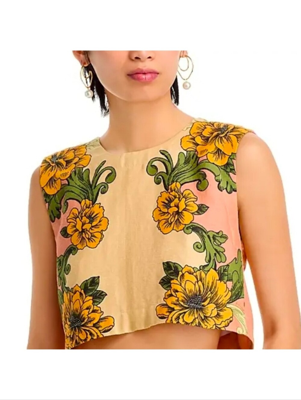Farm Rio Delicate Flower Arabesque Euroflax Yellow Floral Crop Top